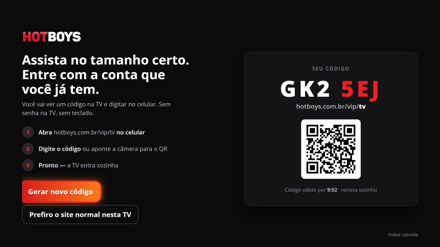 Tela de entrada do HOTBOYS TV mostrando o código de seis letras e o QR Code para confirmar no celular